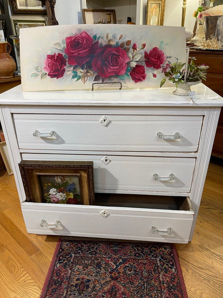 Antique oak painted white 3 drawer chest with glass handles 39 in wide x 32 in high x 17 1.2 in deep as is in store, pick up only