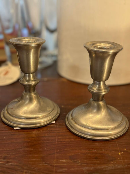 Pair pewter candle holders Marshall field's 3.5" x 4.5"