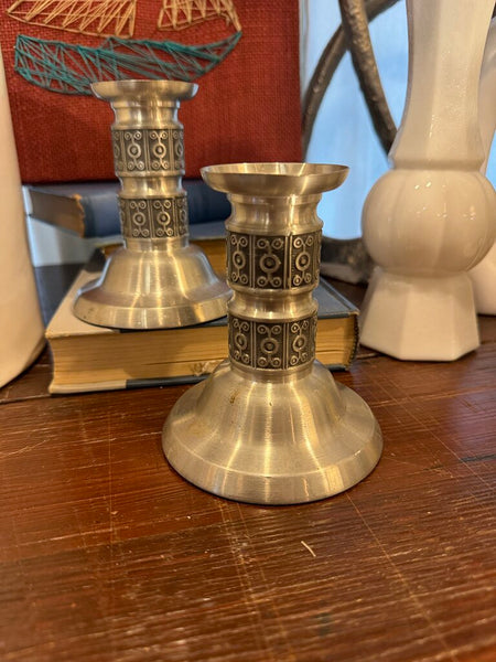 Pair pewter mid century candle holders Haugrud (Norway) 3 3/8" x 4 1/2"