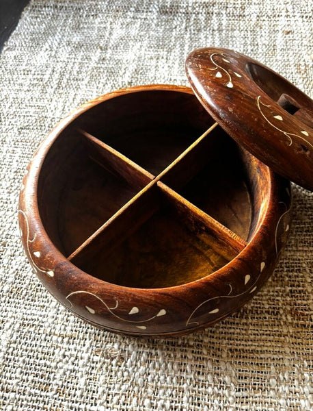 Handcrafted Wood Masala Spice Or Dried Fruit Box With Inlaid Floral Design