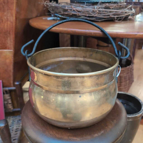 Vintage Brass Bucket with Black Iron Handle 12x7