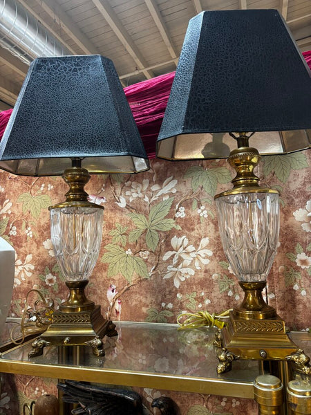 Vintage Pair of Berman Cut Crystal And Brass Footed Table Lamps