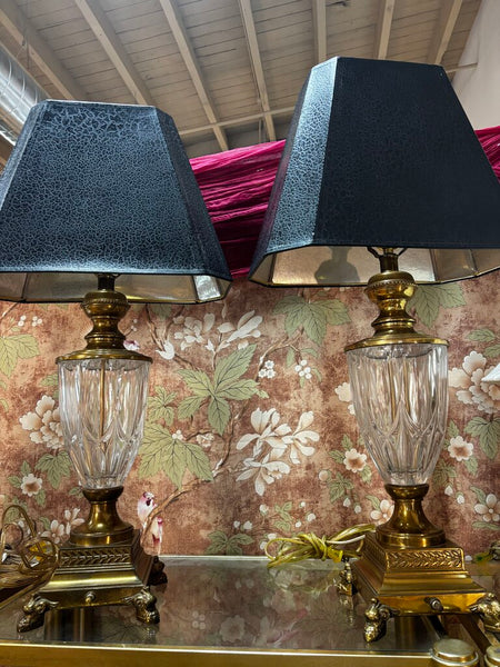 Vintage Pair of Berman Cut Crystal And Brass Footed Table Lamps
