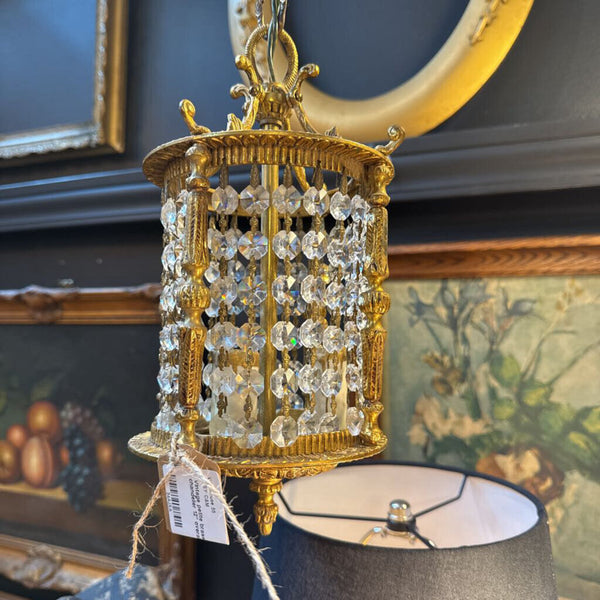 Vintage petite brass and crystal chandelier 12" overall height 6" w