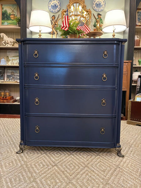 Vintage Navy Four Drawer Chest w/ Brass Feet and Hardware 36"w x 39"h x 19" IN STORE PICKUP ONLY