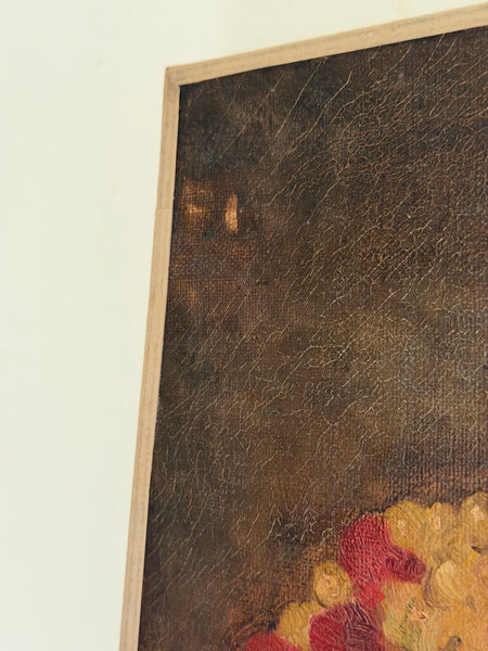 2485 Antique European Fruit Still Life Oil on Canvas w/ Daffodils and Peaches