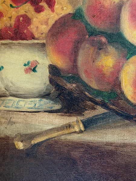 2485 Antique European Fruit Still Life Oil on Canvas w/ Daffodils and Peaches