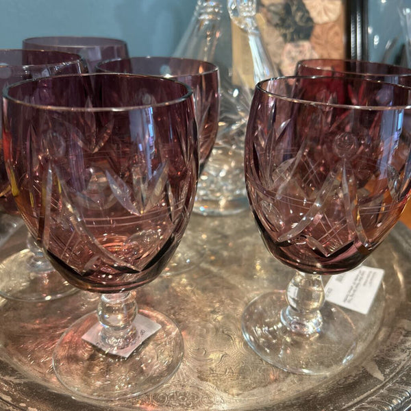 VINTAGE AMETHYST CUT GLASS BAR WARE SET OF 6