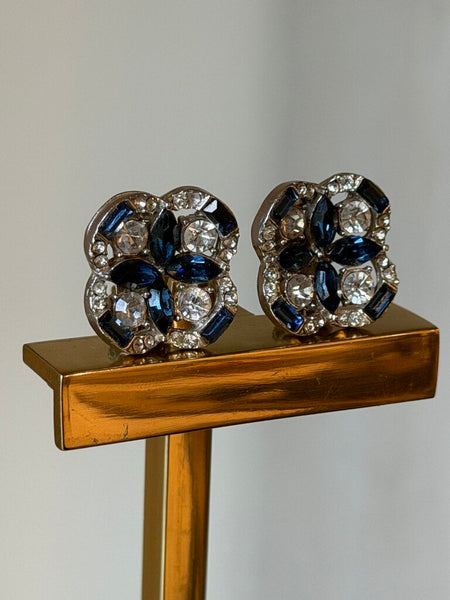 Vintage Navy & White Rhinestone Clip On Studs