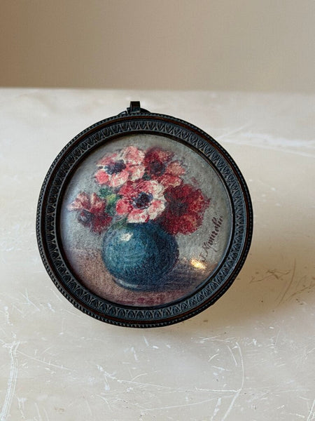 2590 French Mini Round Framed Floral Watercolor Painting