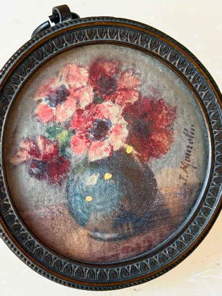 2590 French Mini Round Framed Floral Watercolor Painting