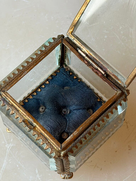 2391 Antique French Square Glass Casket w/ Blue Lining
