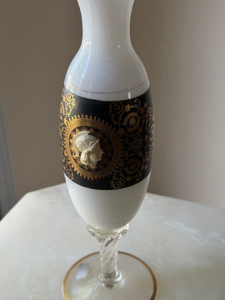2593 Black/White/Gold Italian Opaline Vase with Cameo and Empoli Base
