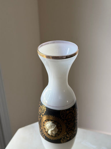 2593 Black/White/Gold Italian Opaline Vase with Cameo and Empoli Base