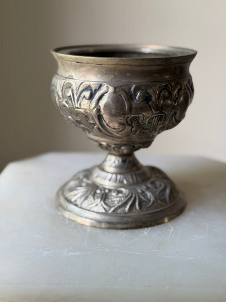 1346 Heavy Silvered Iron Pedestal Planter/Candle Vessel