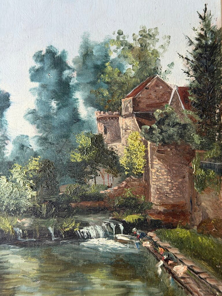 2227 French Vintage Vertical Pond Scene with Mansion in Background