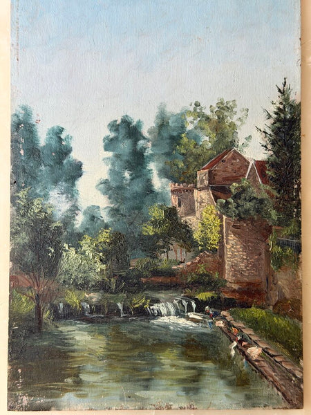 2227 French Vintage Vertical Pond Scene with Mansion in Background