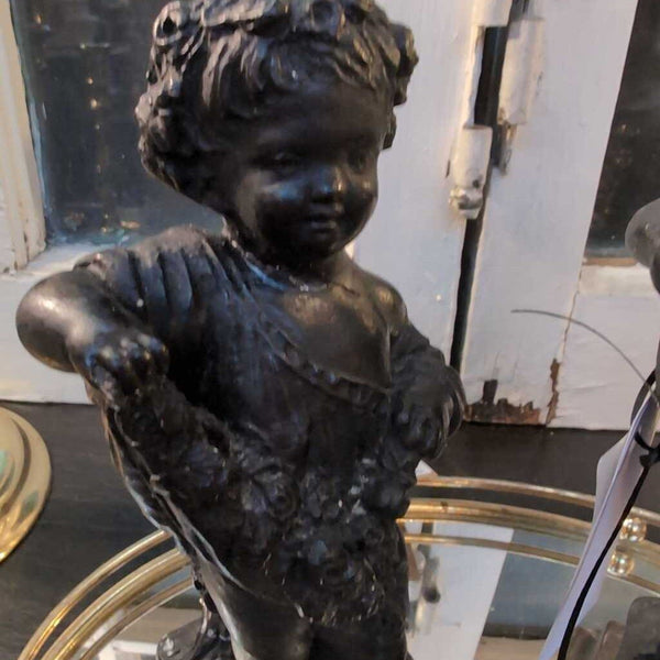 Vintage Italian Pair of Borghese Four Seasons Cherub Statues Black Chalkware on Gold Bases 8 in