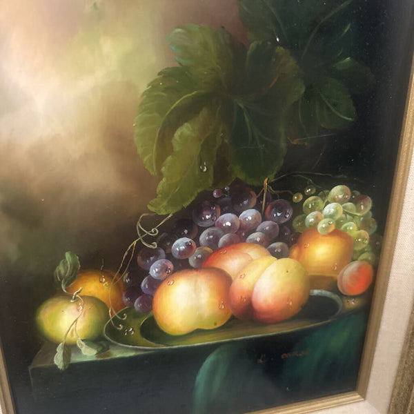 STILL LIFE, FRUIT #1. ORIGINAL OIL ON BOARD, SIGNED AND FRAMED 14 1/2" x 12 1/2"