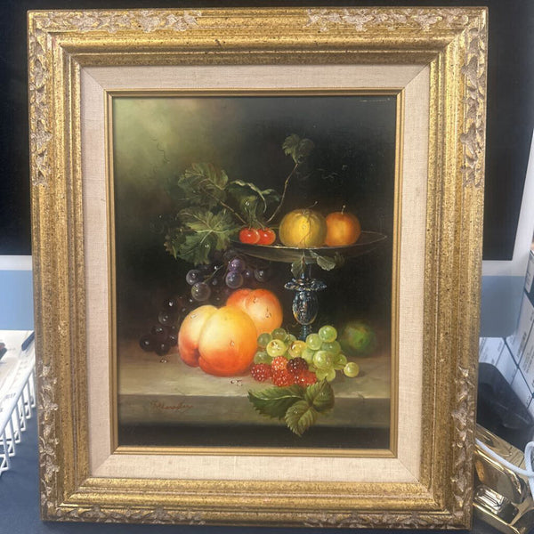 STILL LIFE, FRUIT #1. ORIGINAL OIL ON BOARD, SIGNED AND FRAMED 14 1/2" x 12 1/2"
