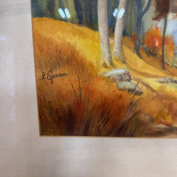 Original watercolor painting autumn theme signed Spann 29.5” x 25.5” ( in store pick up only)