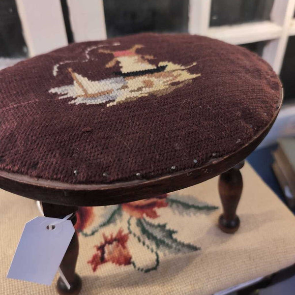 Sweet Small Vintage Stool with Embroidered Maritime CrossStitch Top