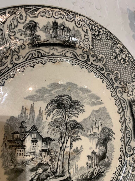 Antique Black English Transfer Ware Plate, 19th century.