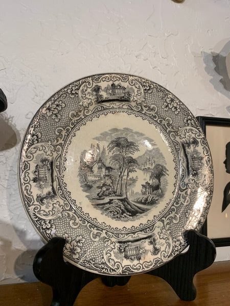 Antique Black English Transfer Ware Plate, 19th century.