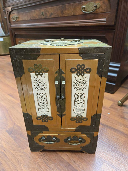 Old oriental jewelry box brass trim 6 x 8 x 12 tall