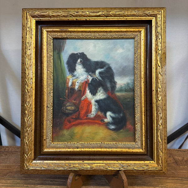 DOG PAINTING IN GOLD FRAME AS FOUND 13.5X15.5