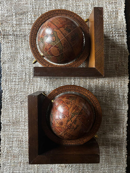 Vintage Spinning Globe BOOK ENDS Wooden Old World Globes Made In Italy
