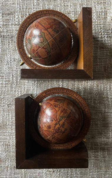Vintage Spinning Globe BOOK ENDS Wooden Old World Globes Made In Italy
