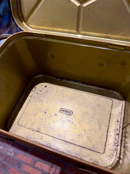JFV ~ Vintage plaid black and red metal picnic tin .