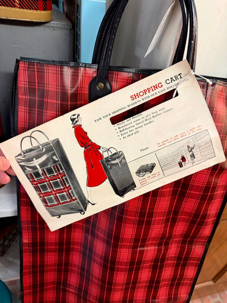 JFV ~ Vintage large plaid vinyl shopping cart on wheels