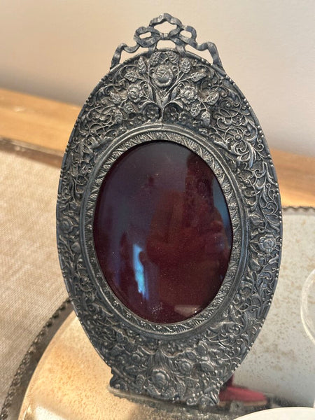 VINTAGE PEWTER FRAME WITH CONVEX GLASS