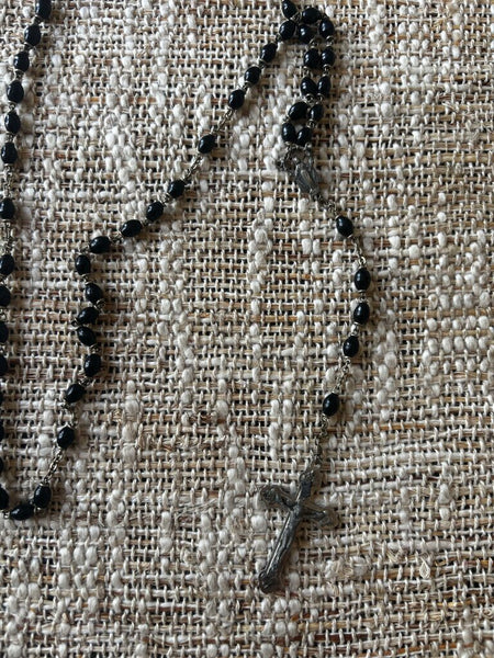 Rosary, Black Beads with Silver-Plated Cross, 16"