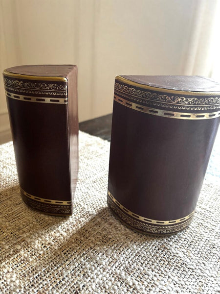 Brown Leather Bound Gold Gilt Scroll Bookends MCM