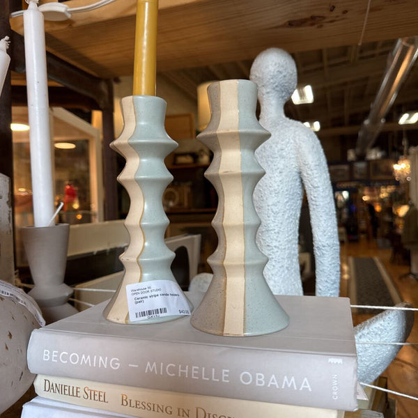 Ceramic stripe candle holders (pair)