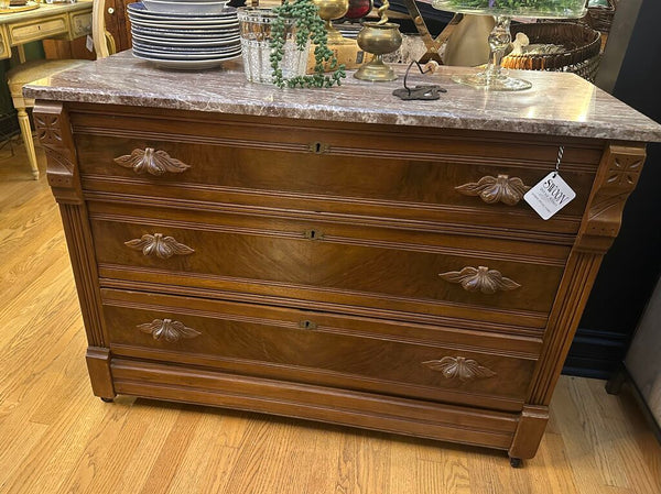 EASTLAKE CHEST WITH MARBLE TOP, ON CASTERS. 42”W x 18 1/2” D x 30 1/2”H, IN STORE PICKUP ONLY
