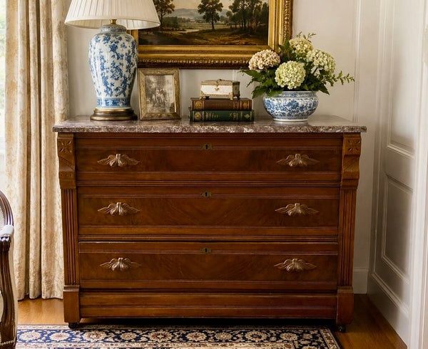 EASTLAKE CHEST WITH MARBLE TOP, ON CASTERS. 42”W x 18 1/2” D x 30 1/2”H, IN STORE PICKUP ONLY