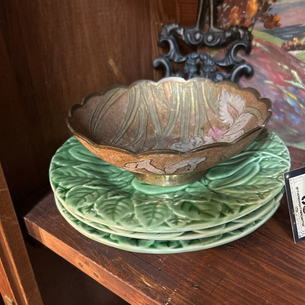 Vintage brass enamel w scalloped edges