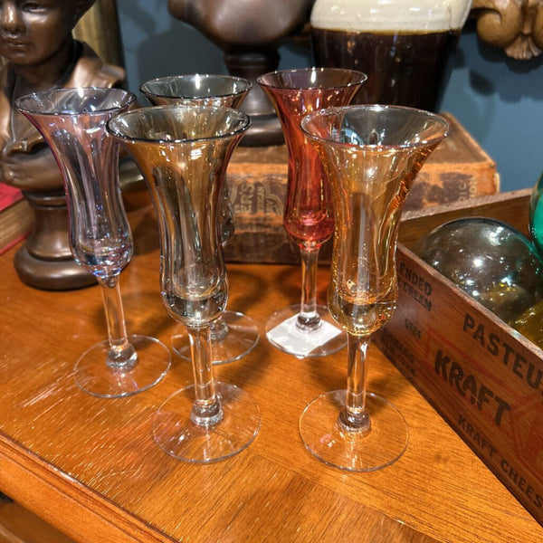 HAND VLOWN IRIDESCENT STEM CORDIAL GLASSES 6" Set of 5