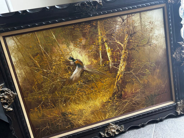 Vintage Framed Painting of 'Pheasant in Flight" by Ferdinand 45x32 (in store PU)