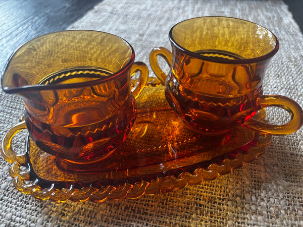 Vtg. Indiana Glass Amber Kings Crown Thumbprint Creamer & Sugar Set w/ Tray
