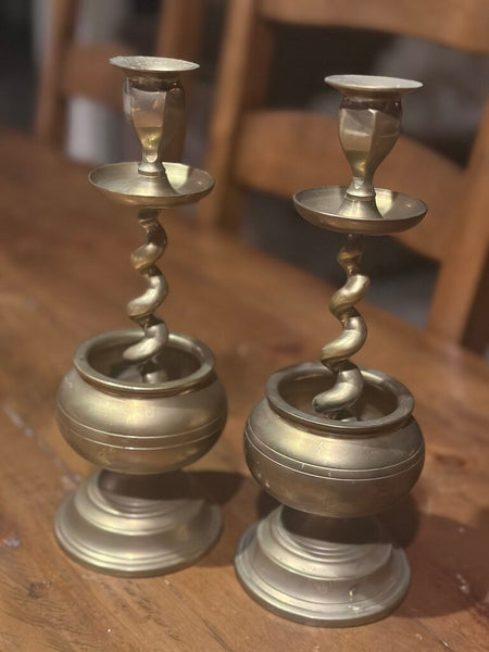PAIR OF BARLEY TWIST BRASS CANDLEHOLDERS 9 1/2"H x 3 1/2"W