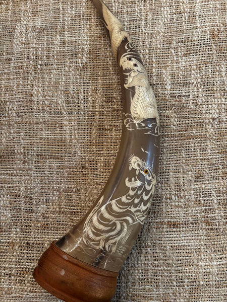 Water Buffalo Horn With Carved Dragon Design