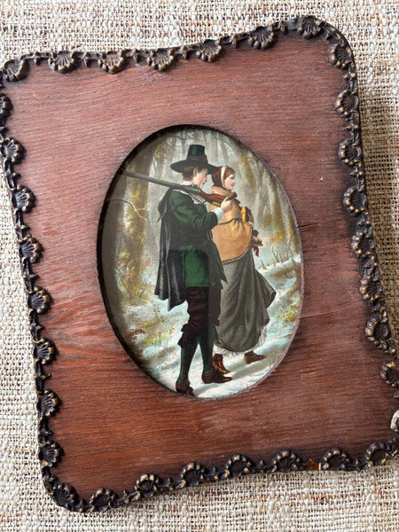 Antique Ornate Wood Framed Print of Pilgrim Couple