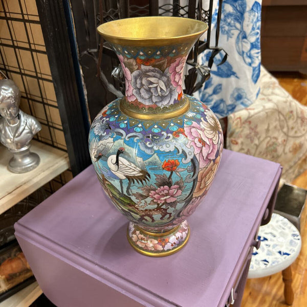 Vintage Jingtailan Cloisonne Enamel Crane and Deer Vase