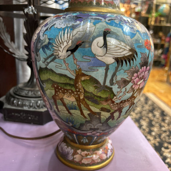 Vintage Jingtailan Cloisonne Enamel Crane and Deer Vase