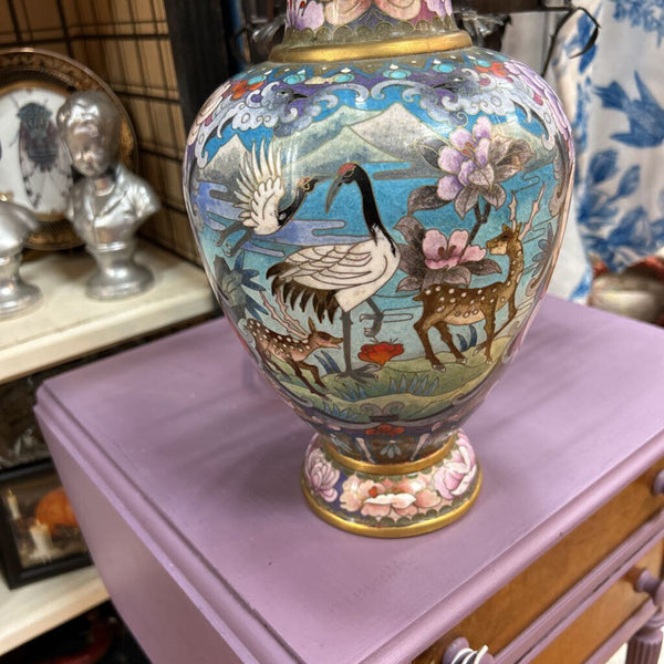 Vintage Jingtailan Cloisonne Enamel Crane and Deer Vase